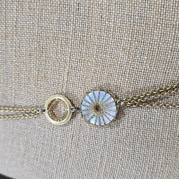 Gold Tone Multi Layered Open Circle Medallions Necklace, Mother of Pearl Discs - Picture 6 of 11